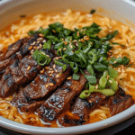 Spicy Korean Ramen with Grilled Beef & Creamy Sauce