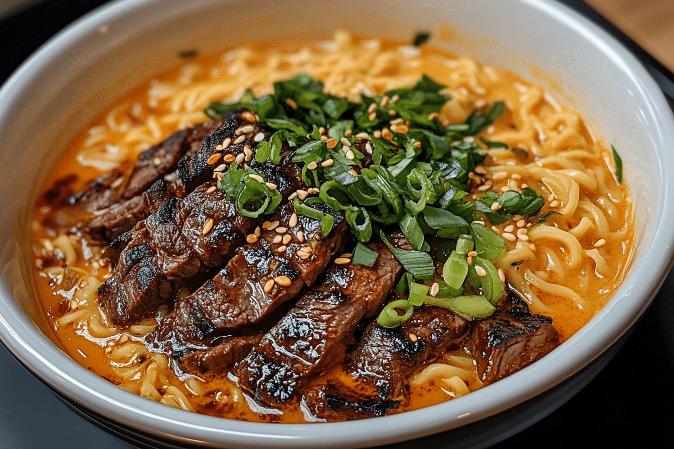 Spicy Korean Ramen with Grilled Beef & Creamy Sauce