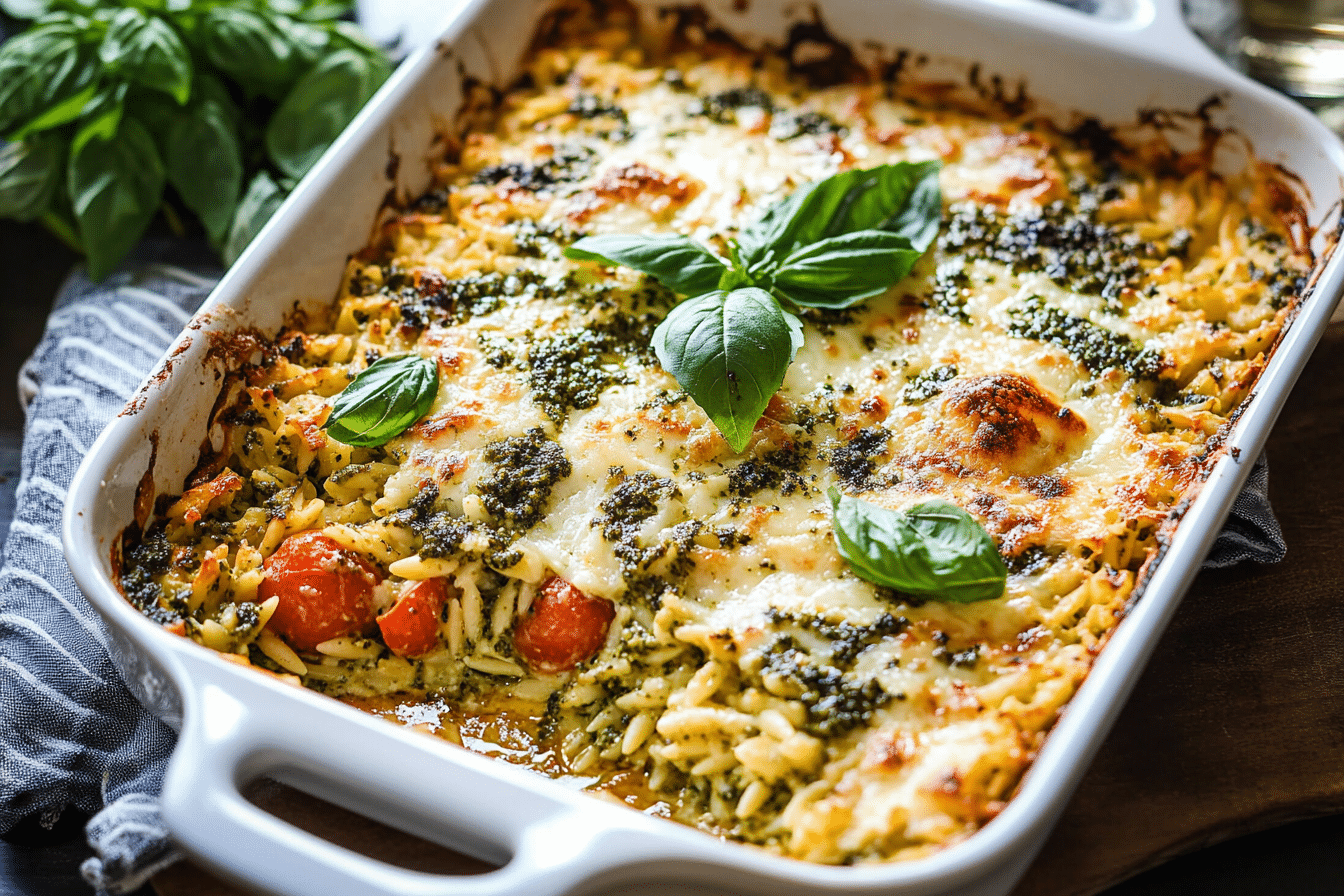 Caprese Pesto Orzo Bake