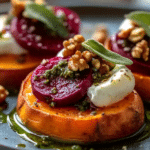 Sweet Potato Rounds with Burrata, Roasted Beets, and Walnut Sage Pesto