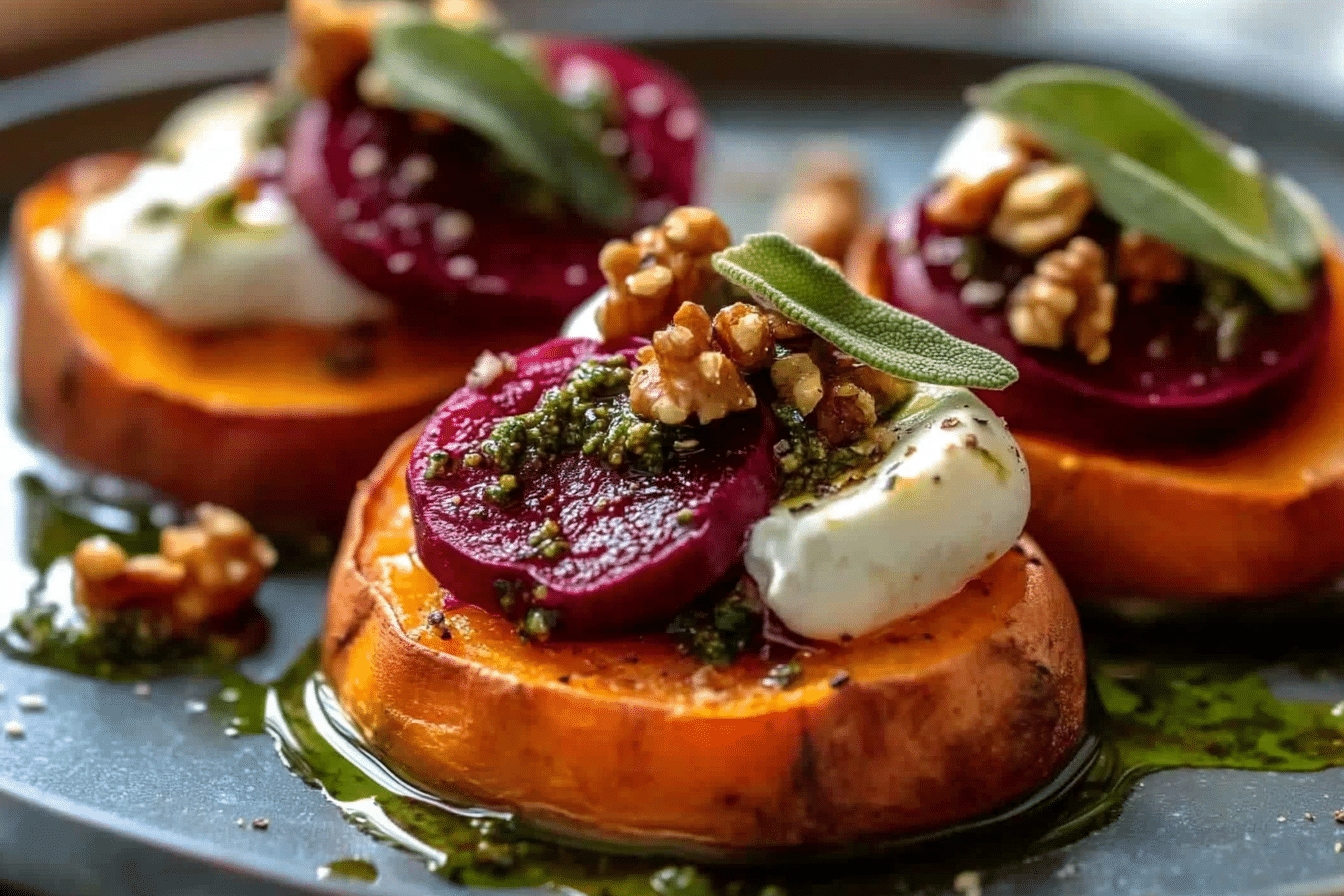 Sweet Potato Rounds with Burrata, Roasted Beets, and Walnut Sage Pesto