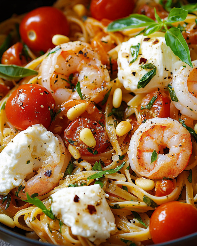 Mediterranean Shrimp Pasta with Burrata & Pine Nuts