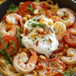 Mediterranean Shrimp Pasta with Burrata & Pine Nuts
