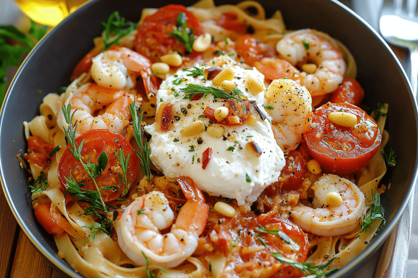 Mediterranean Shrimp Pasta with Burrata & Pine Nuts