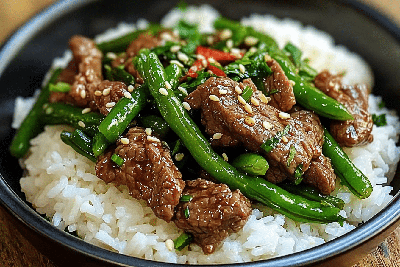 Spicy Garlic Beef Stir-Fry with Green Beans & Rice