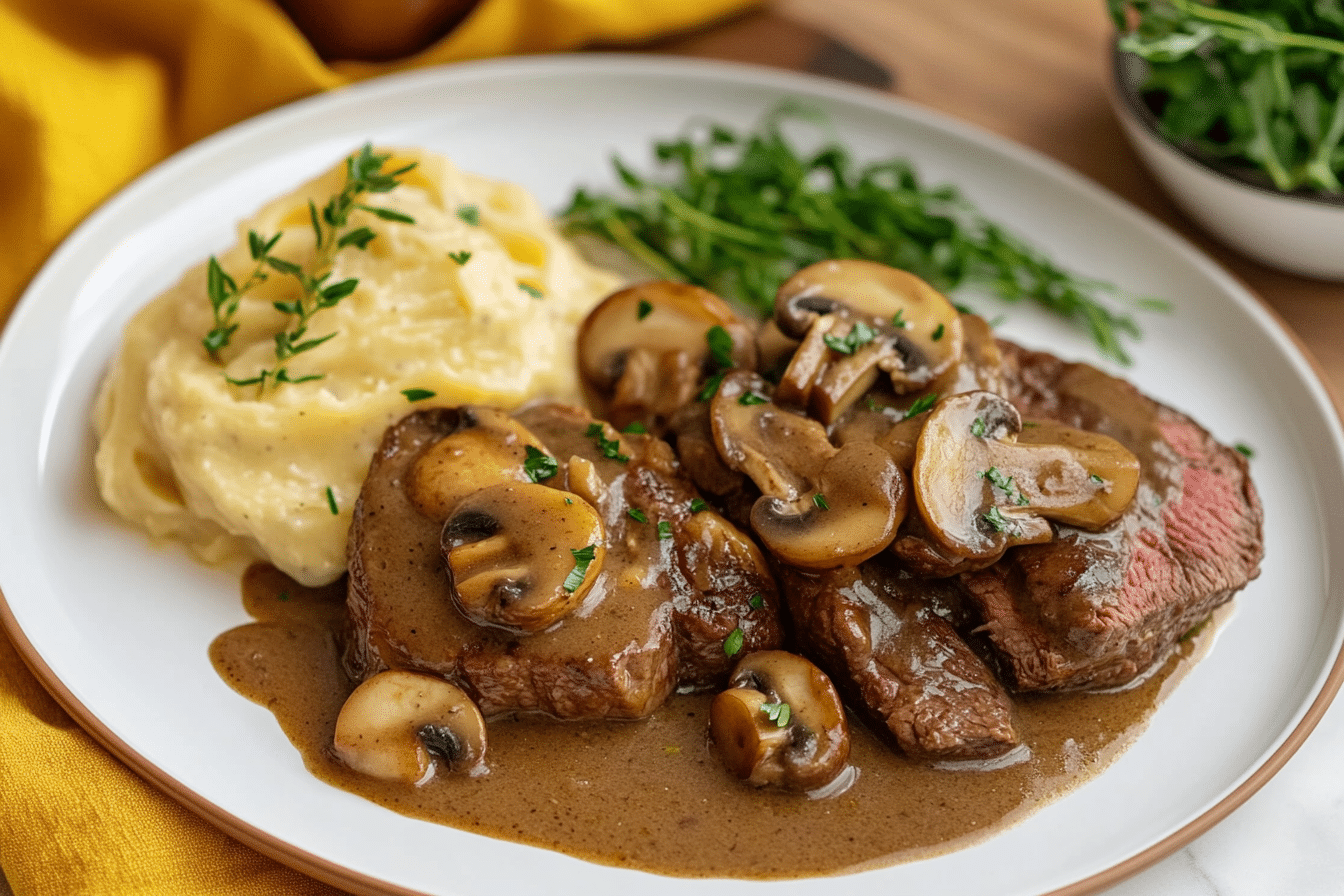 Easy Crock Pot Cubed Steak with Mushroom Gravy