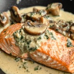Pan-Seared Salmon with Creamy Mushroom & Garlic Sauce