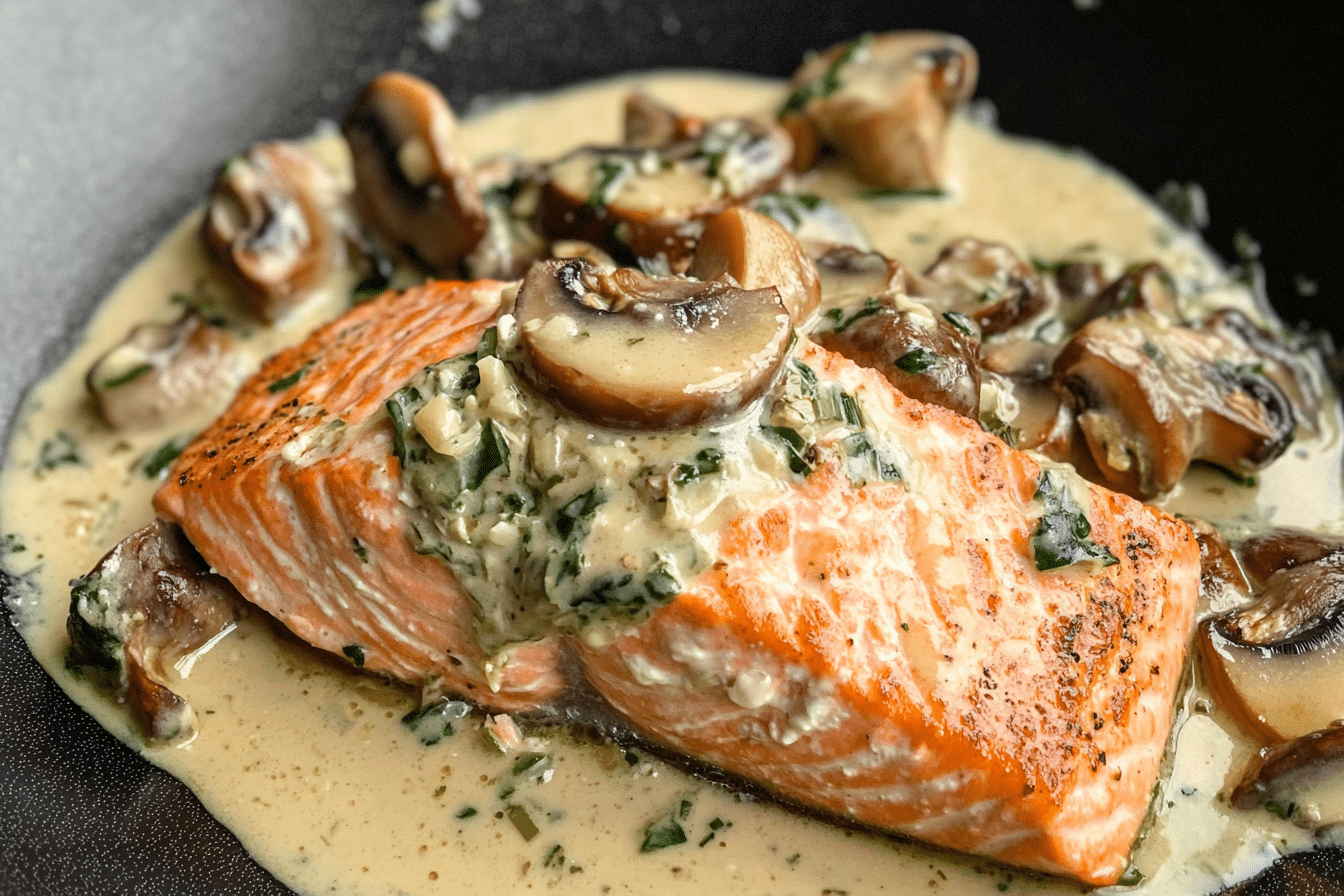 Pan-Seared Salmon with Creamy Mushroom & Garlic Sauce