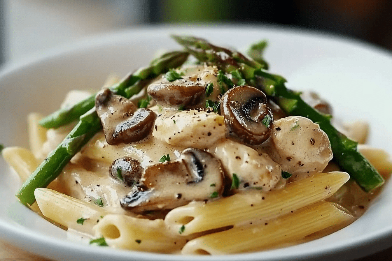 Creamy Mushroom and Asparagus Chicken Penne