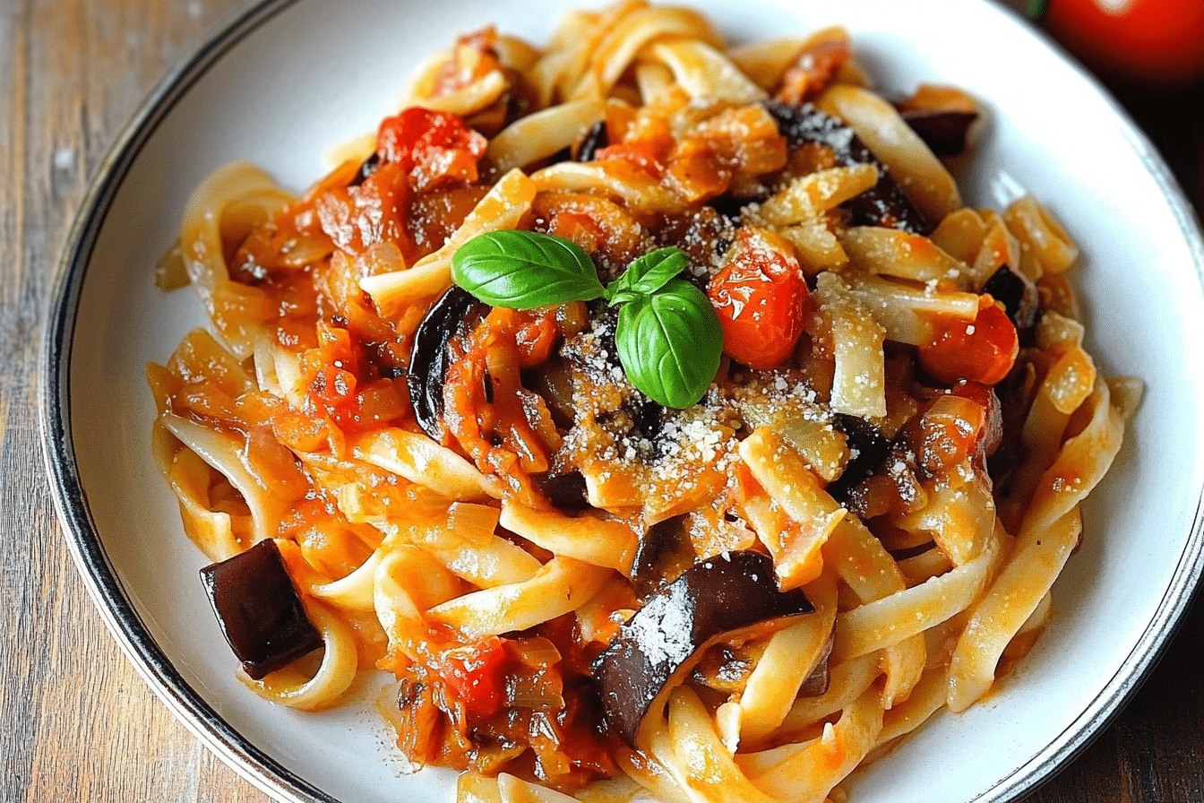 Caramelized Onion, Tomato, and Eggplant Pasta