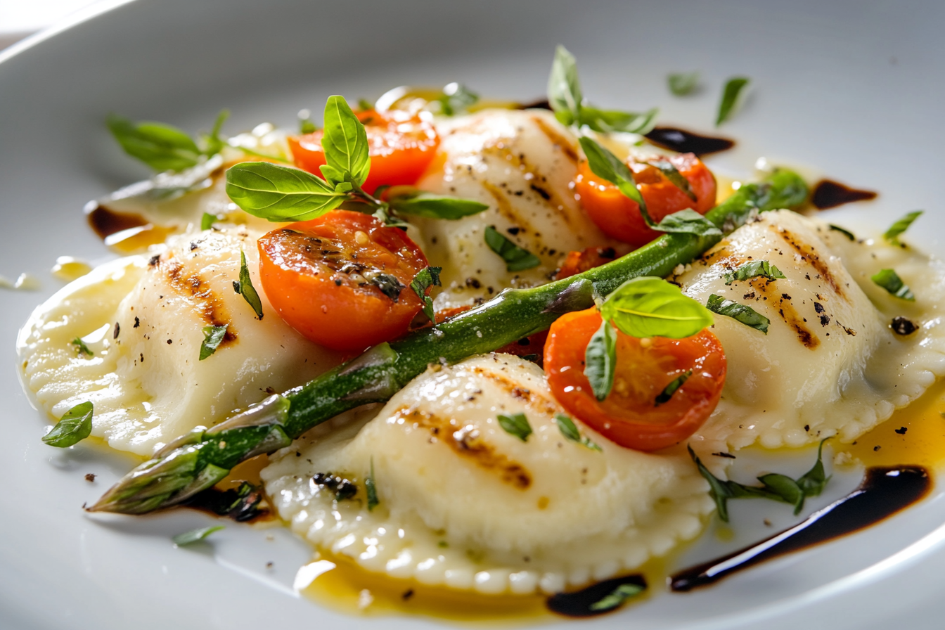Ravioli with Tomatoes, Asparagus, Garlic, and Herbs