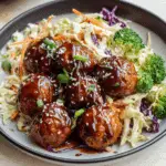 Sticky BBQ Chicken Meatballs with Broccoli Slaw