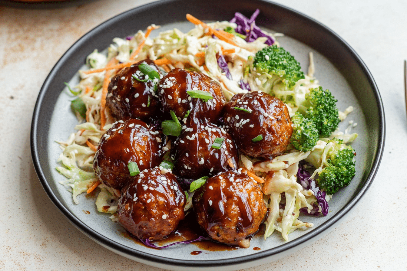 Sticky BBQ Chicken Meatballs with Broccoli Slaw