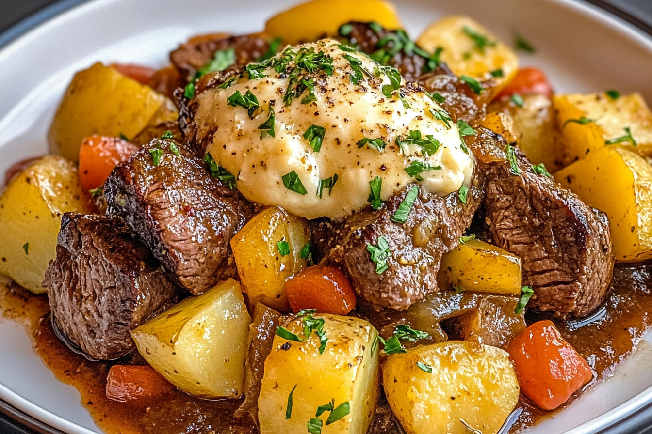 Crockpot Loaded Steak and Potato Bake