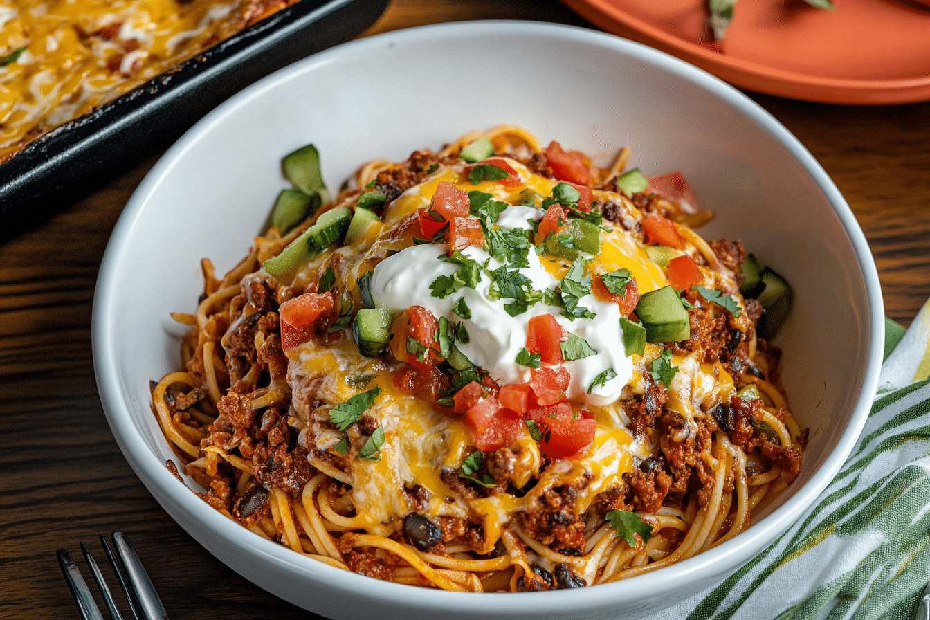 Cheesy Taco Salsa Spaghetti Bake