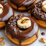Banana Pancake Donuts with Chocolate Peanut Butter Frosting