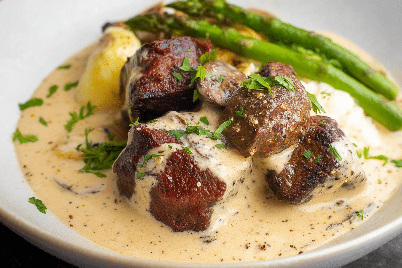 Garlic Butter Steak Bites with Parmesan Cream Sauce