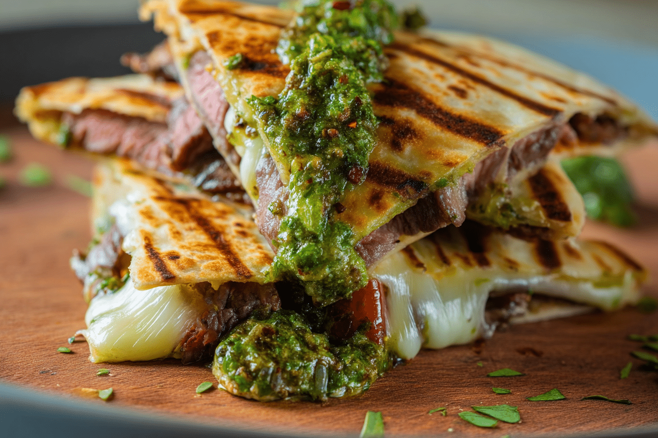 Chimichurri Steak Quesadillas with Avocado Chimichurri