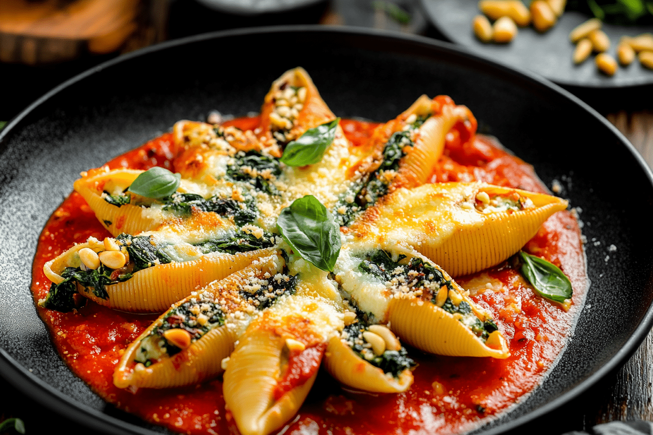Stuffed Shells with Ricotta, Mozzarella, Parmesan, Sautéed Spinach, Toasted Pine Nuts, and Marinara Sauce