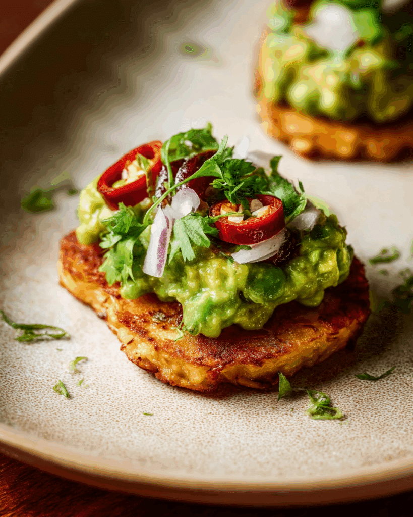 Spicy Smashed Avocado Hash Brown Toasts