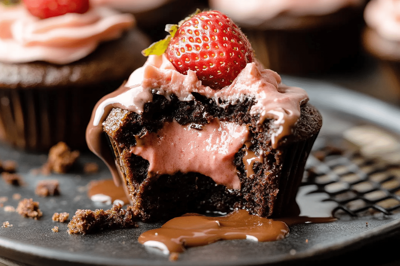 Nutella Stuffed Strawberry Chocolate Cupcakes