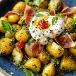 Pesto Potatoes with Crispy Prosciutto and Burrata