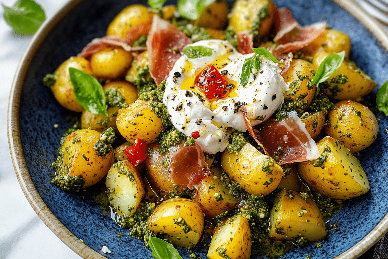 Pesto Potatoes with Crispy Prosciutto and Burrata