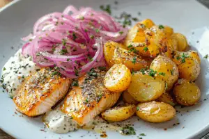 Salmon With Crispy Bagel-Seasoning New Potatoes & Pickled Onions