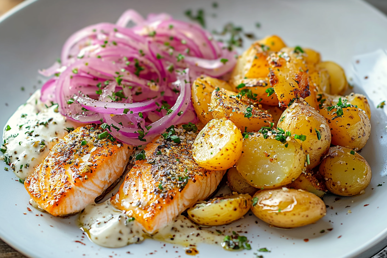 Salmon With Crispy Bagel-Seasoning New Potatoes & Pickled Onions