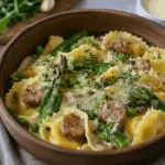 Creamy Asparagus Ravioli with Sausage and Peas