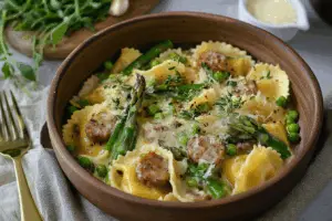 Creamy Asparagus Ravioli with Sausage and Peas