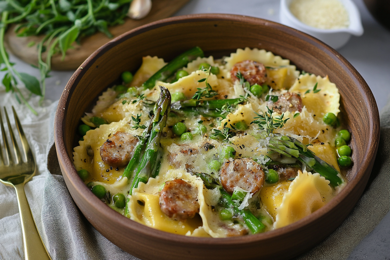 Creamy Asparagus Ravioli with Sausage and Peas
