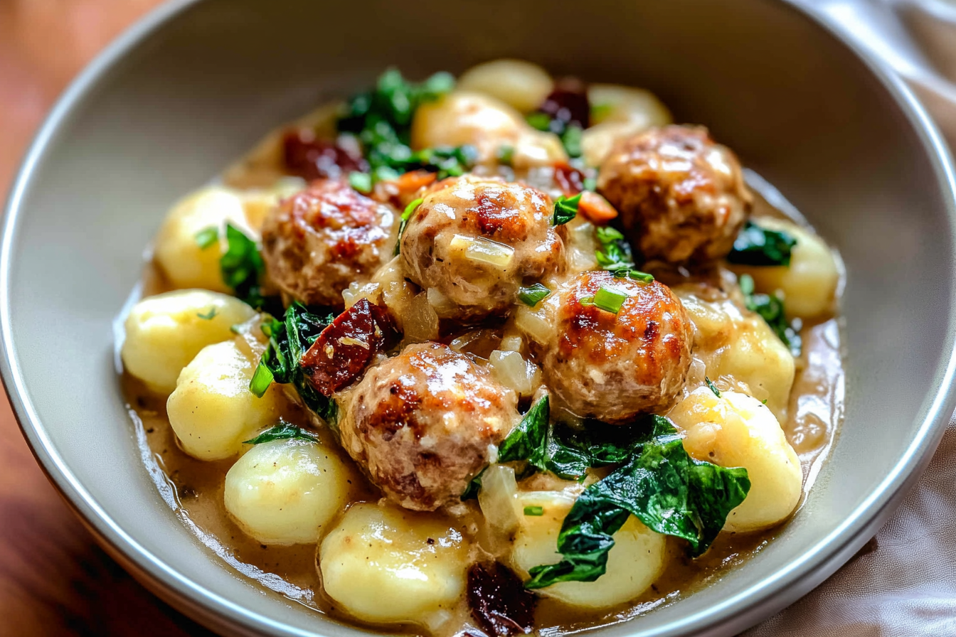 Slow Cooker Tuscan Chicken Meatballs with Gnocchi