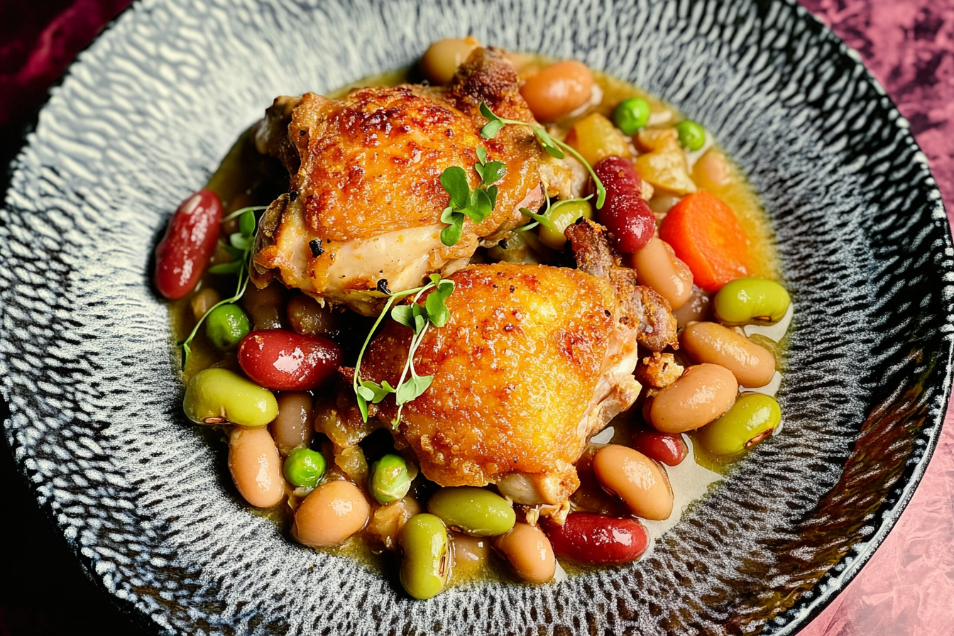 Crispy Chicken Thighs Over Vinegar Beans
