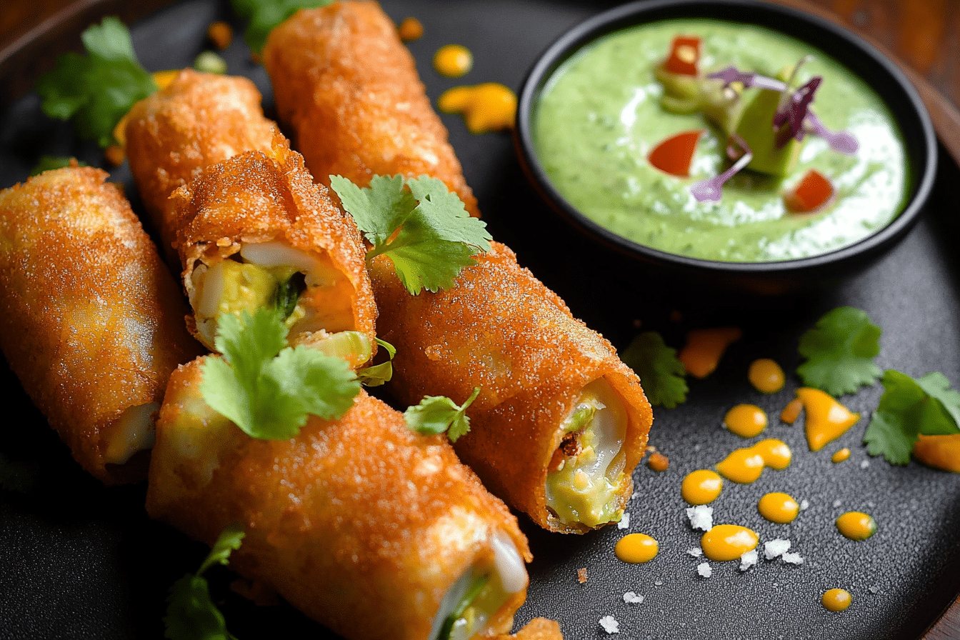 Crispy and Cheesy Elote Egg Rolls With Avocado Sauce