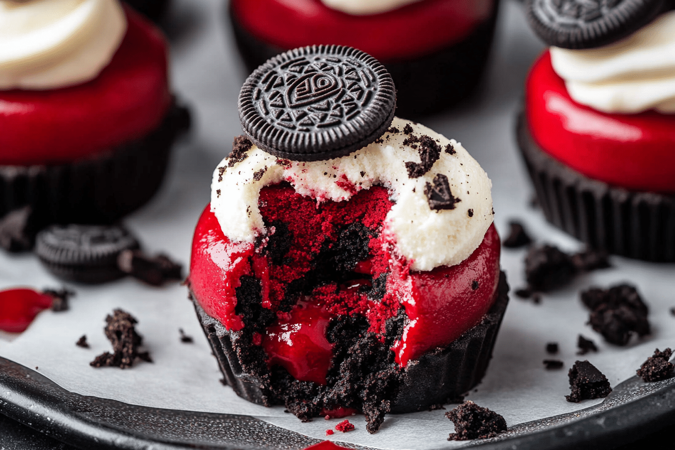 Mini Oreo Stuffed Red Velvet Cookie Dough Cheesecakes