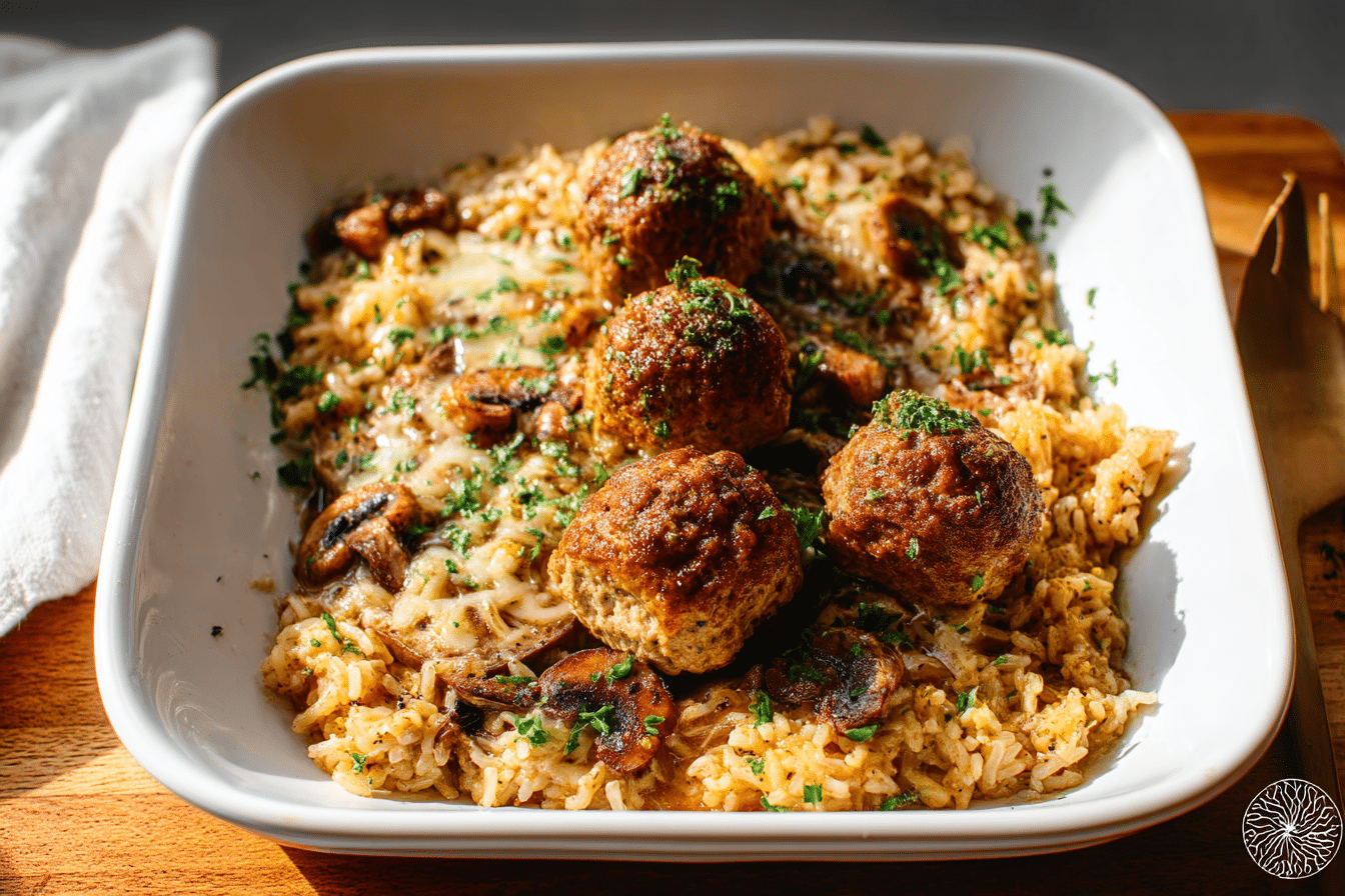 French Onion Meatballs and Rice