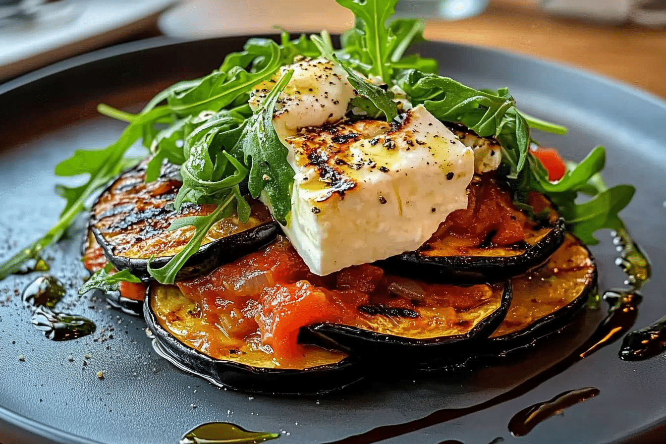 Grilled Eggplant Ratatouille with Fresh Cheese and Arugula