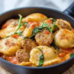 One Pot Sausage Ravioli Skillet in Tomato Spinach Cream Sauce