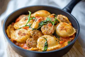 One Pot Sausage Ravioli Skillet in Tomato Spinach Cream Sauce