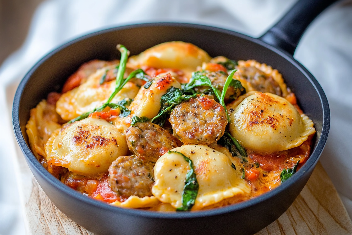 One Pot Sausage Ravioli Skillet in Tomato Spinach Cream Sauce