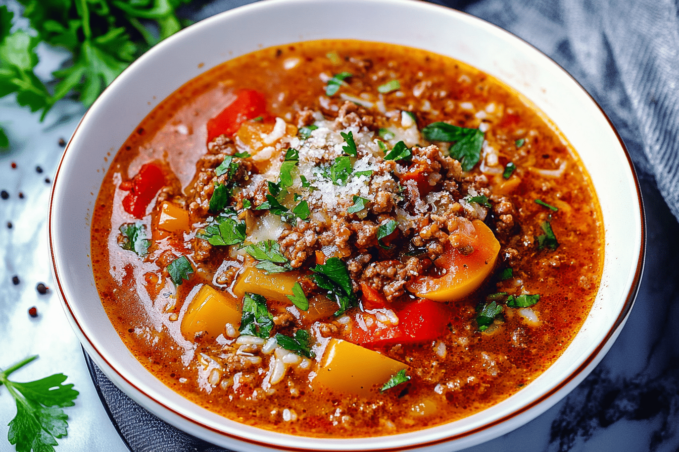Stuffed Pepper Soup with Ground Beef and Rice