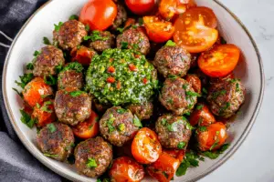 Sheet Pan Italian Meatballs with Chimichurri Sauce