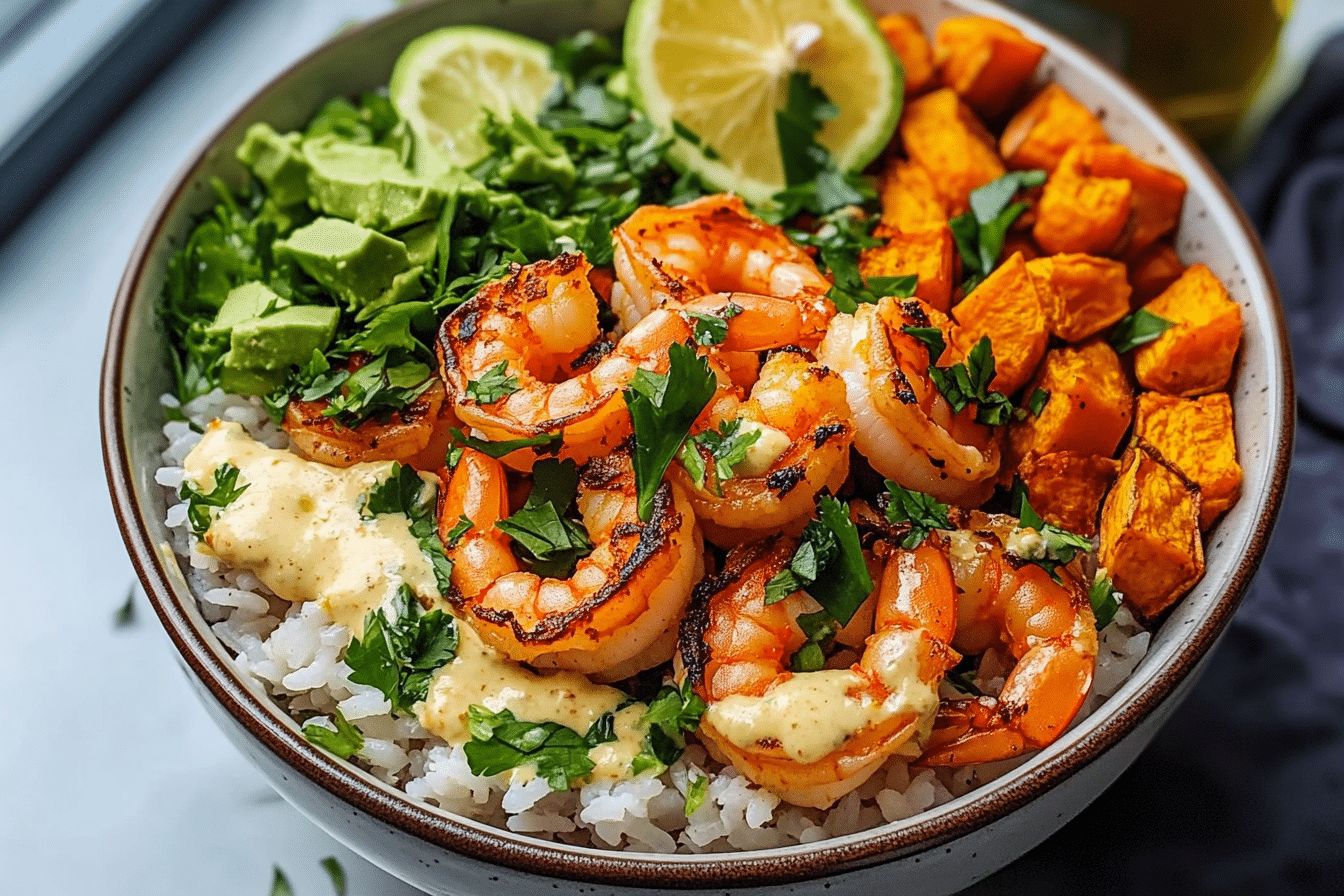 Coconut Garlic Shrimp & Sweet Potato Rice Bowl
