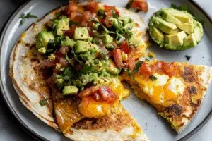 Breakfast Quesadilla with Soft Scrambled Eggs and Avocado Salsa