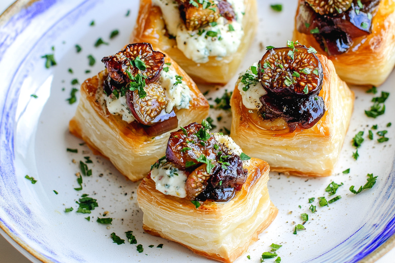 Puff Pastry Bites with Caramelized Onions, Fig Jam, and Gorgonzola
