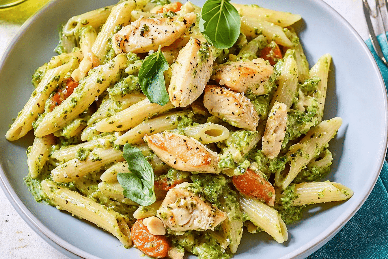 Chicken & Vegetable Penne with Parsley-Walnut Pesto