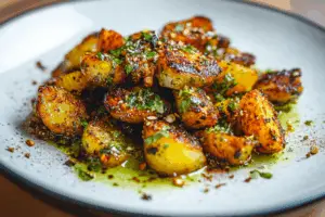 CRISPY CHIMICHURRI POTATOES & LEMONY YOGHURT SAUCE