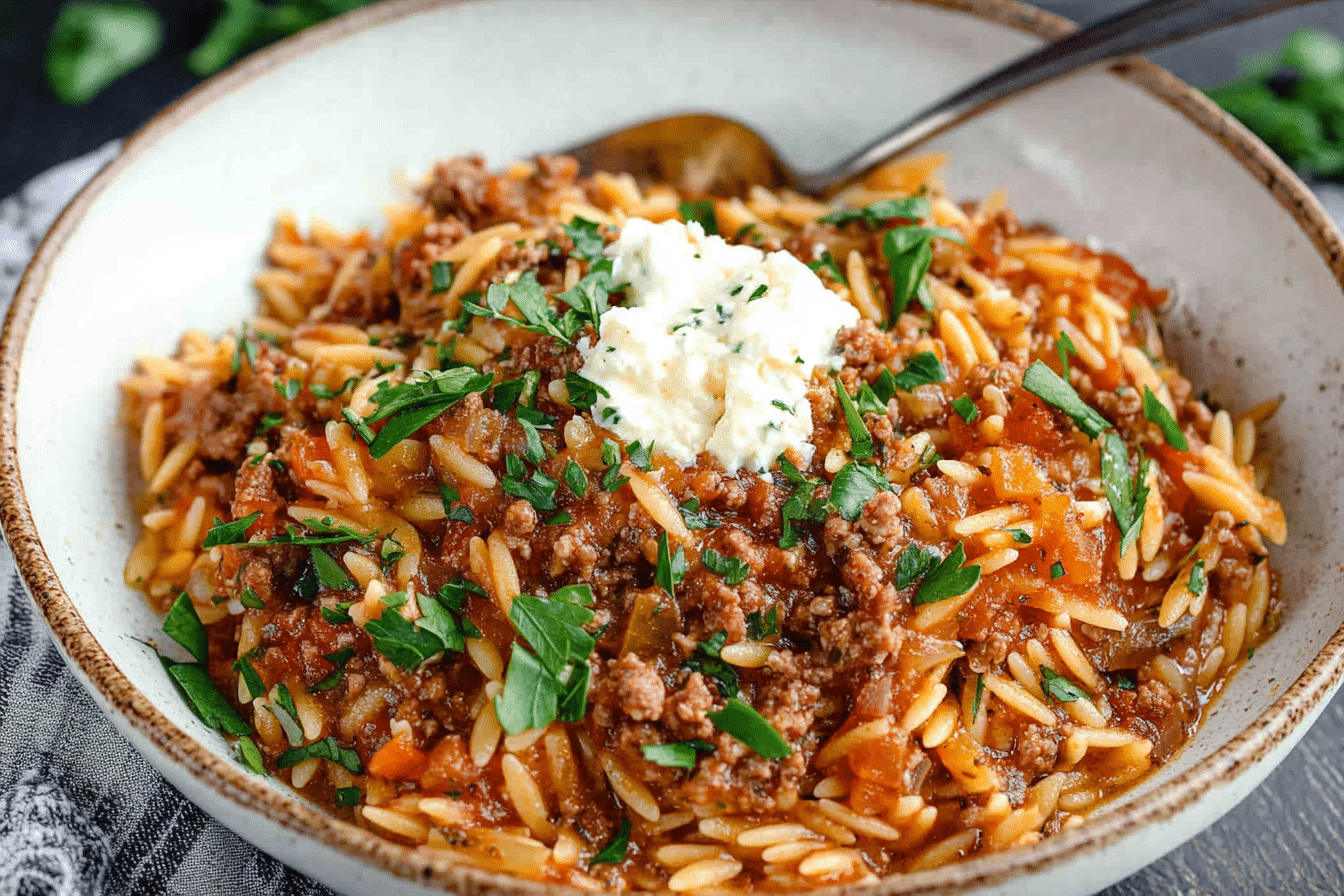 Manestra (Greek-Style Orzo with Ground Beef)