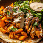 Curry Chicken Gyro and Tahini Sweet Potatoes